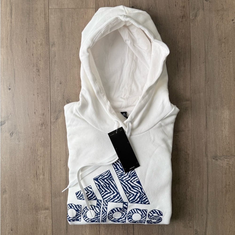 Adidas White Hoodie with Zebra Patterned Blue Logo NWT - Picture 1 of 8